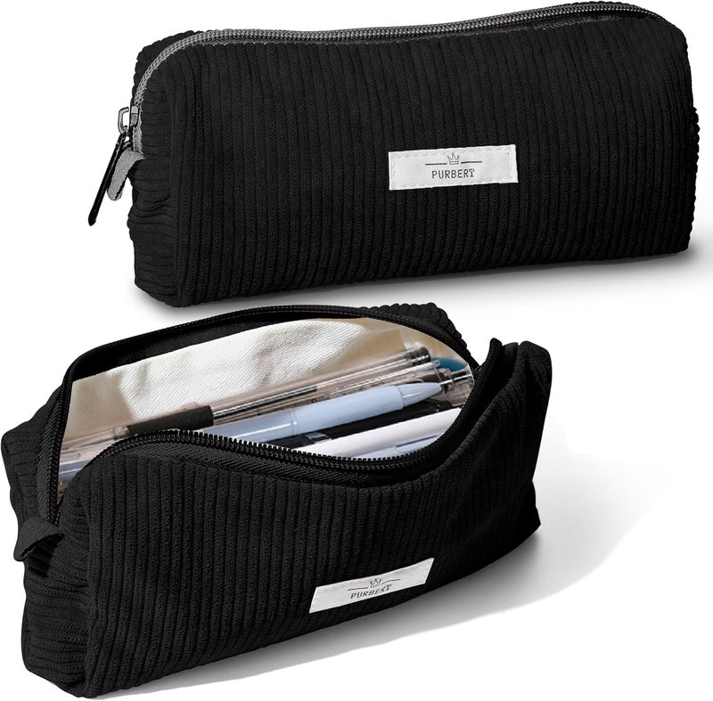 Purbert Pencil Bag Pen Case, Soft Corduroy Small Pencil Pouch Organizer with Zipper, Cute Pencil Case Pouch Stationery for Girls and Boys – Black - Image 1